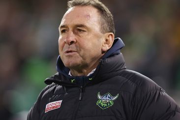 Raiders head coach Ricky Stuart watches his team play in their bad round 12 loss against Manly. 