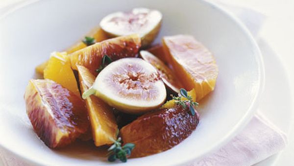 Citrus salad in white wine and thyme syrup