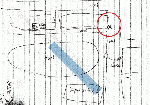 The map Jeremy Wilkins drew for police in 2007. Inside the red circle is the 'X' where he said he stood with Gerry McCann.