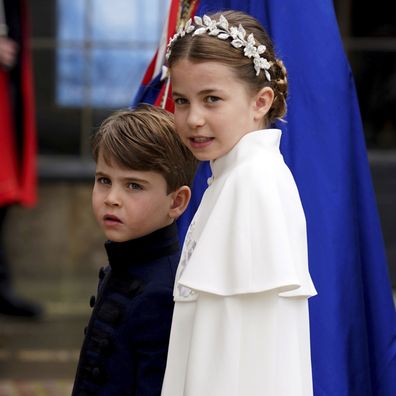 Princess Charlotte and Prince Louis arrive at Westminster Abbey ahead of the coronation of King Charles III and Camilla, the Queen Consort, in London, Saturday, May 6, 2023. (Andrew Milligan/Pool via AP)