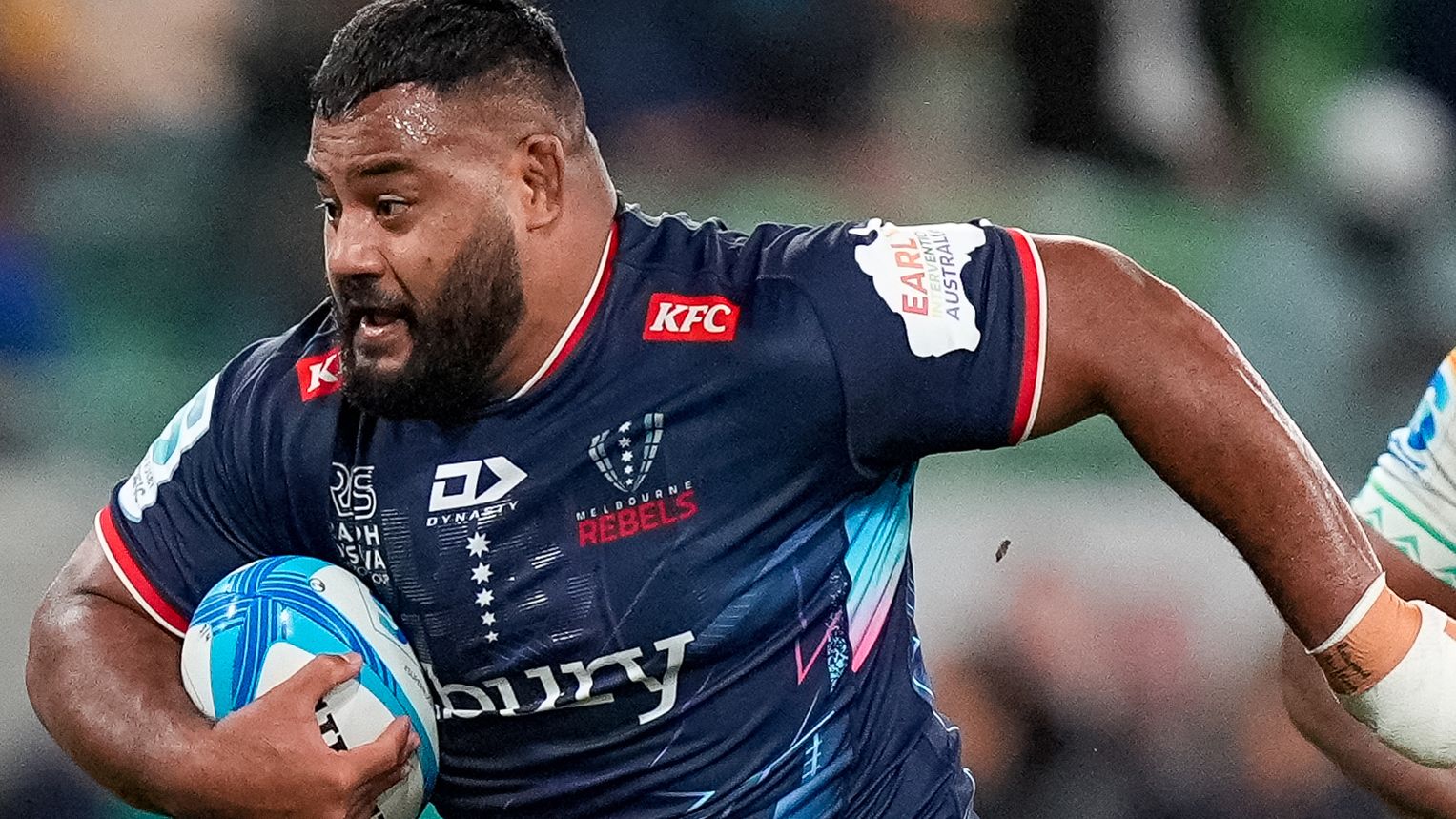 Taniela Tupou of the Rebels runs with the ball during the round seven Super Rugby Pacific match between Melbourne Rebels and Fijian Drua.