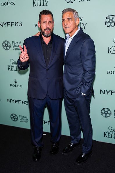 NEW YORK, NEW YORK - SEPTEMBER 29: Adam Sander (L) and George Clooney attend the "Jay Kelly" red carpet during 63rd New York Film Festival at Alice Tully Hall, Lincoln Center on September 29, 2025 in New York City. (Photo by TheStewartofNY/FilmMagic)