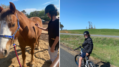 My son with the horse at Belisi farm stay, and riding the Tumbarumba bike trail.