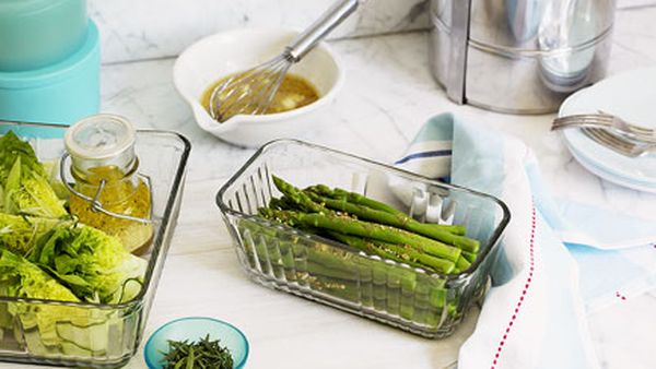 Asparagus and soft egg salad with toasted almonds