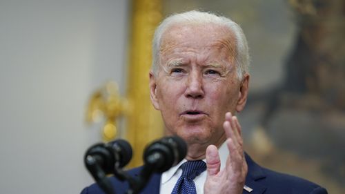 President Joe Biden speaks about Hurricane Henri and Afghanistan evacuations in the Roosevelt Room of the White House, Sunday, Aug. 22, 2021, in Washington. (AP Photo/Manuel Balce Ceneta)