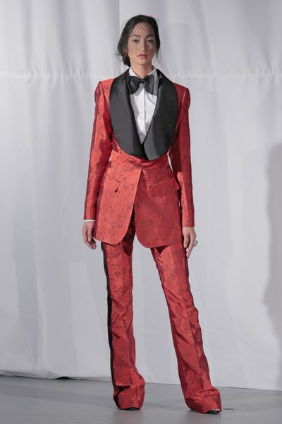 <p>Well suited</p>
<p>Wear the pants in red, which represents passion and excitement. We hear you. Now just keep your pants on!</p>
<p>Malan Breton, Spring 2017, New York Bridal Fashion Week</p>