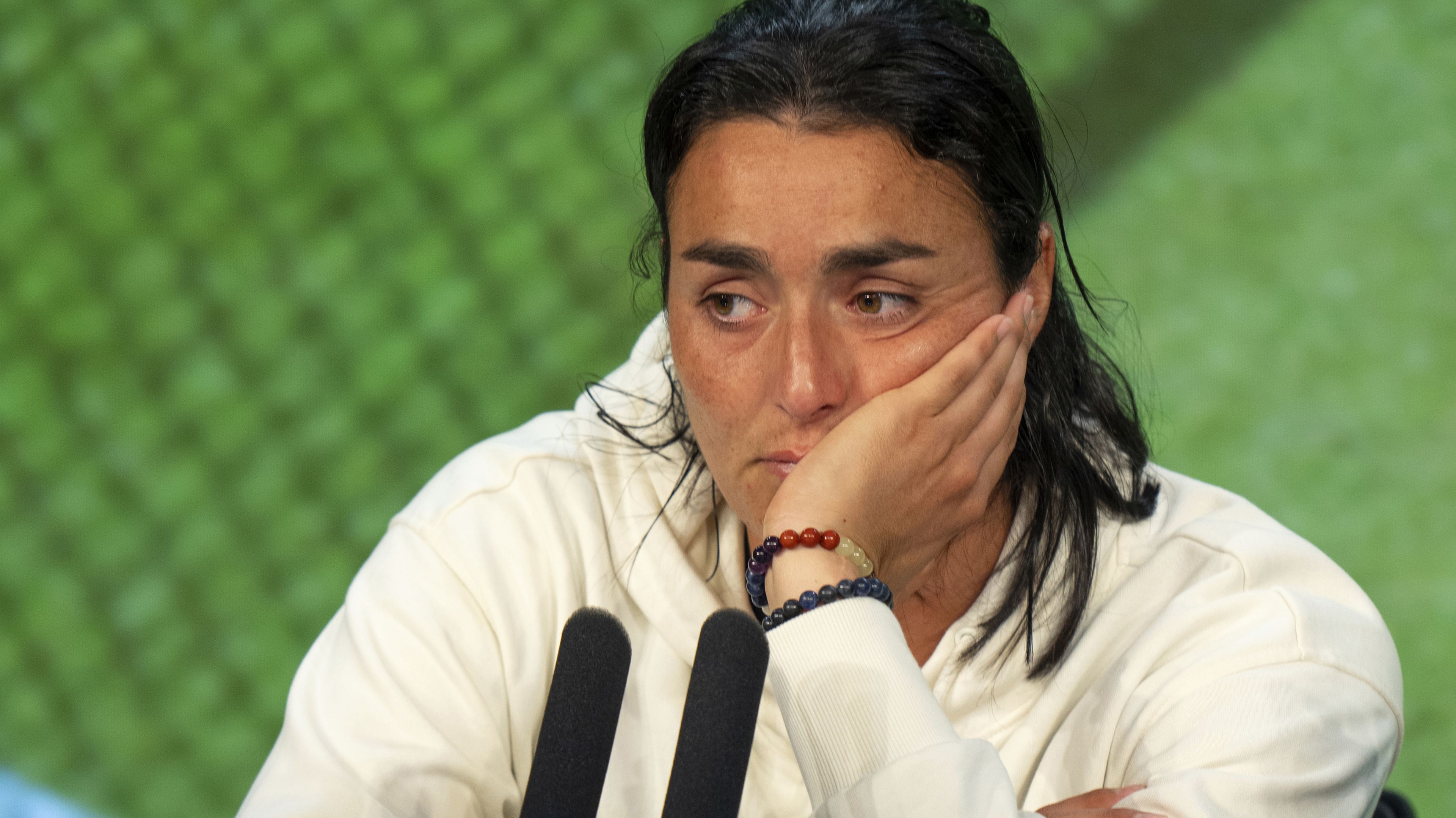 A dejected Ons Jabeur during a press conference after her defeat in the final of the women&#x27;s singles at Wimbledon.