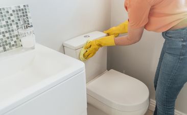 woman wearing protective yellow gloves is cleaning the toilet with a sponge in her bathroom.