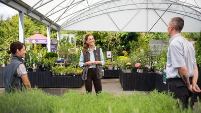 Catherine, Duchess of Cambridge talks to Martin and Jennie Turner, owners of the Fakenham Garden Centre in Norfolk, during her first public engagement since lockdown, on June 18, 2020 in Fakenham, United Kingdom