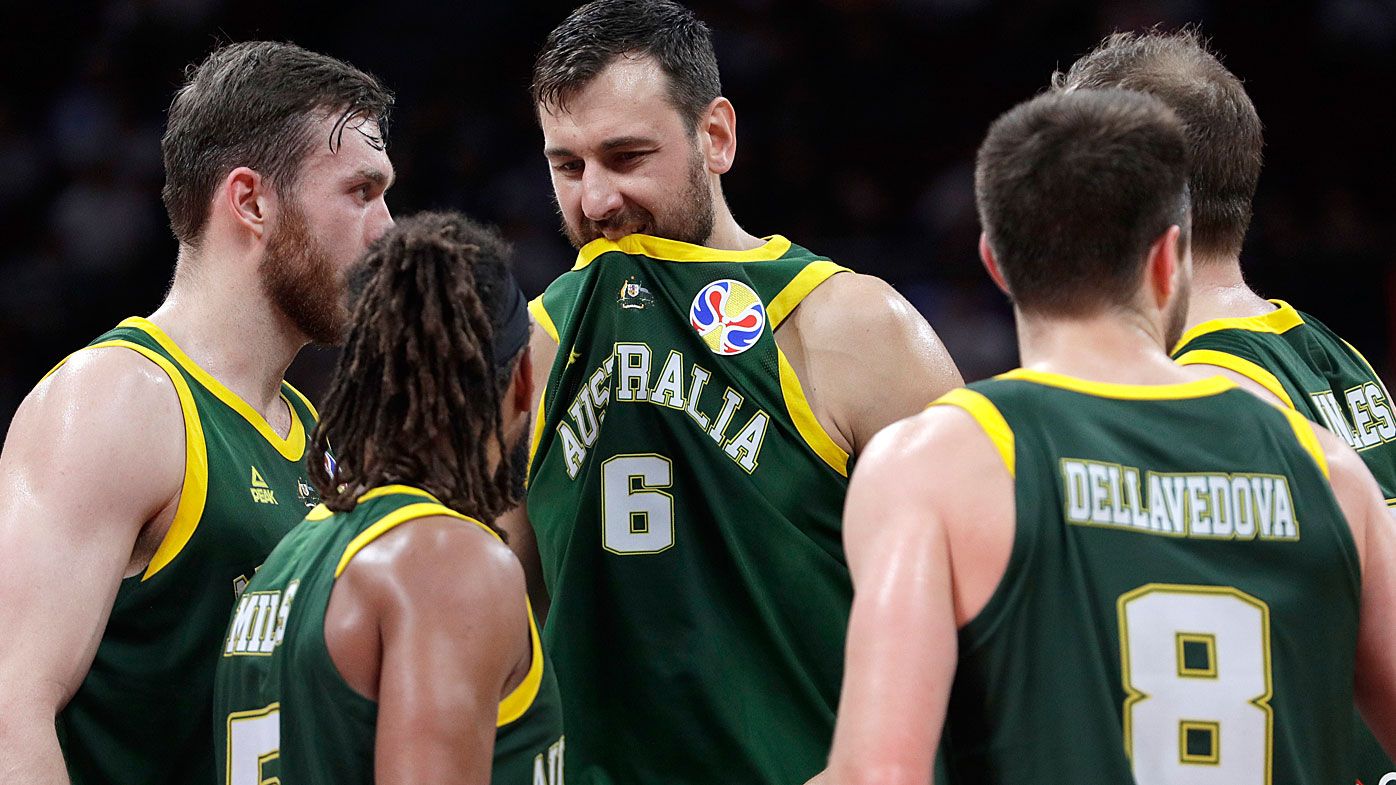 Andrew Bogut of Australia, center, reacts during their semifinal 