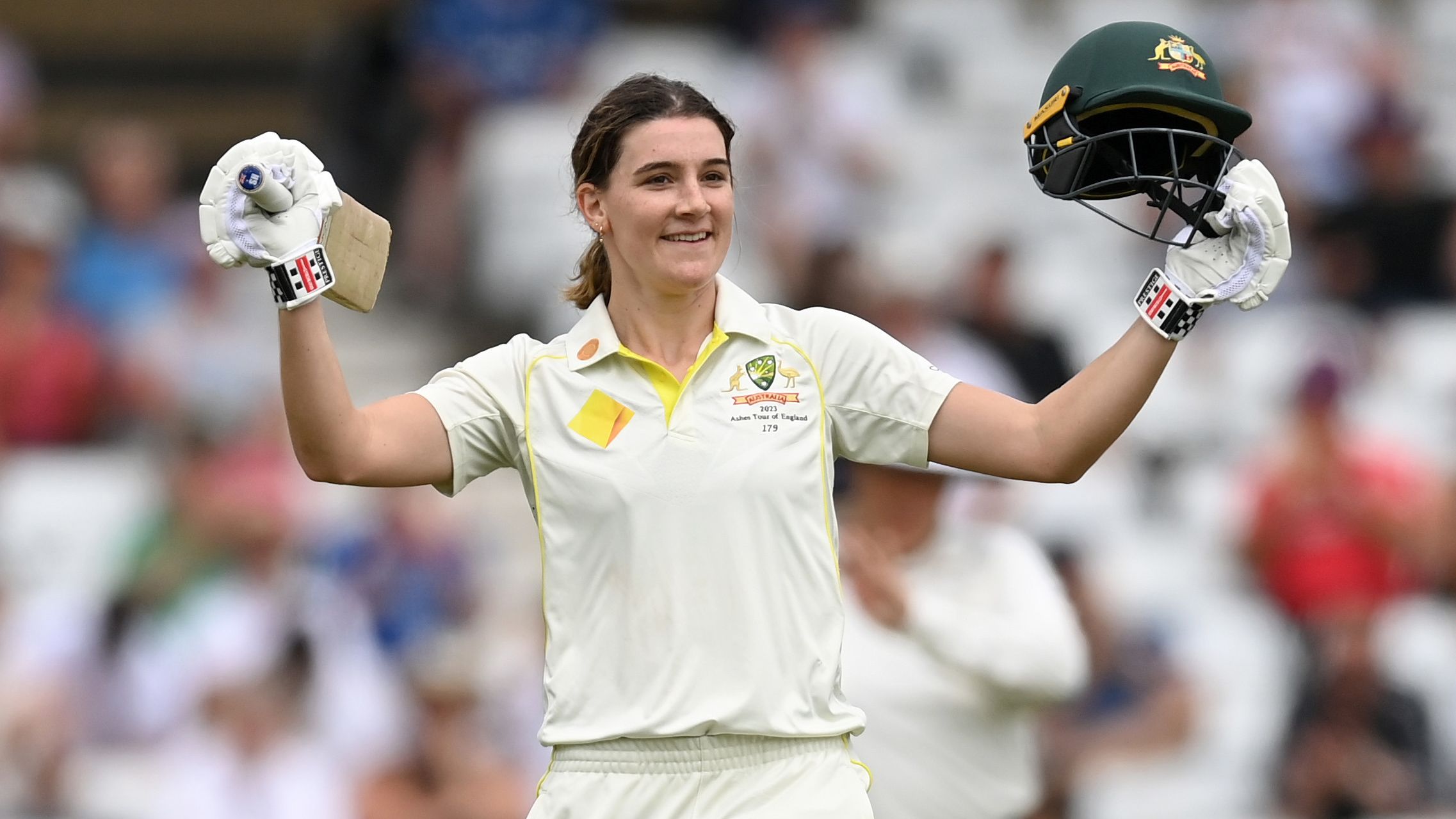 Australia&#x27;s Annabel Sutherland celebrates reaching her maiden century during day two of the Women&#x27;s Ashes Test match at Trent Bridge.