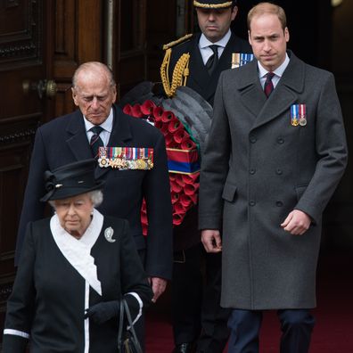 Prince William, Duke of Cambridge (R), Queen Elizabeth II and Prince Philip, Duke of Edinburgh attend the wreath-laying ceremony at the Cenotaph to commemorate ANZAC Day and the Centenary of the Gallipoli Campaign on April 25, 2015 in London, England.  (Photo by Samir Hussein/WireImage)