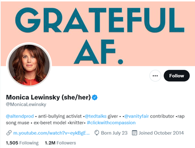 Monica Lewinsky's twitter profile where she calls herself "rapping muse".