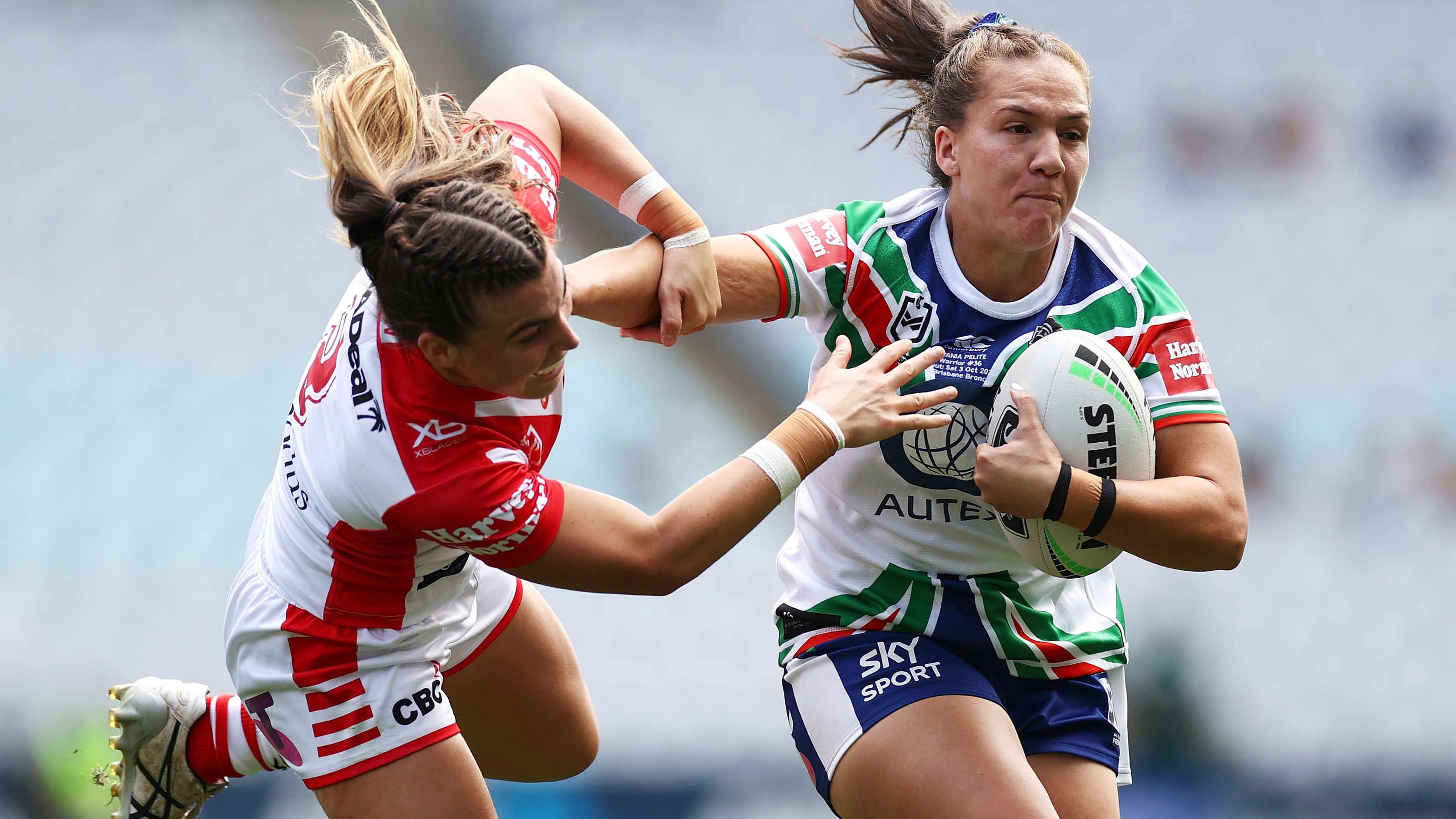 Georgia Hale of the Warriors is tackled during a 2020 game.
