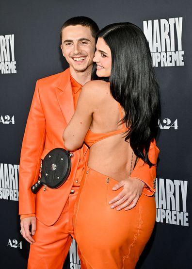 Timothée Chalamet and Kylie Jenner at the "Marty Supreme" Los Angeles Premiere held at the Samuel Goldwyn Theatre on December 08, 2025 in Los Angeles, California. (Photo by Michael Buckner /Variety via Getty Images)