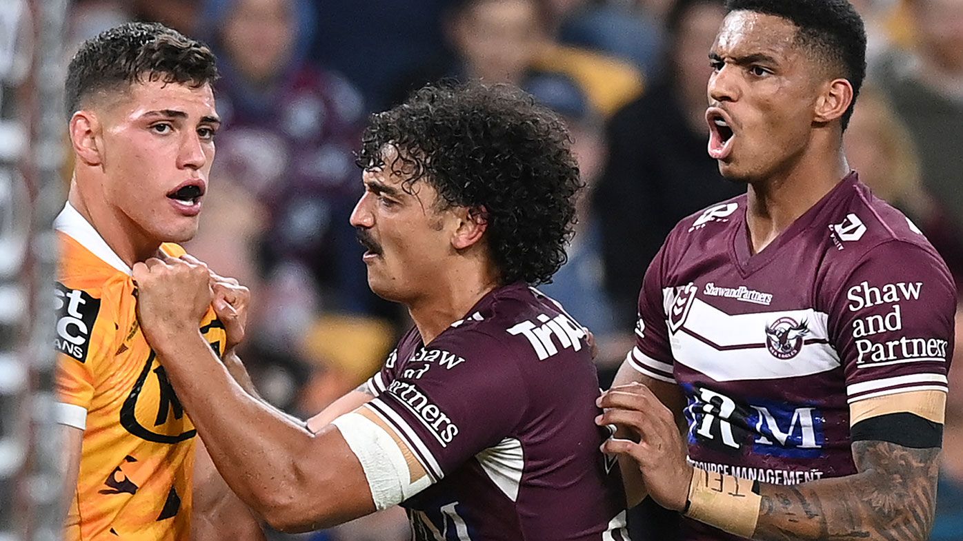 ordan Riki of the Broncos and Morgan Harper of the Sea Eagles schffle during the round 10 NRL match between the Manly Sea Eagles and the Brisbane Broncos at Suncorp Stadium on May 14, 2021, in Brisbane, Australia. (Photo by Bradley Kanaris/Getty Images)