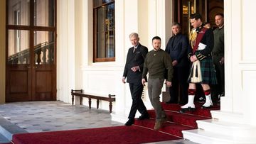 Ukrainian President Volodymyr Zelensky fired his ambassador to the United Kingdom, Vadym Prystaiko, on Friday. Zelensky and Prystaiko here leave following an audience with King Charlies III at Buckingham Palace, February 8.