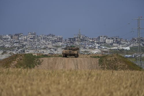 An Israeli tank on its position on the border with the Gaza Strip, in southern Israel, Wednesday, April 3, 2024.