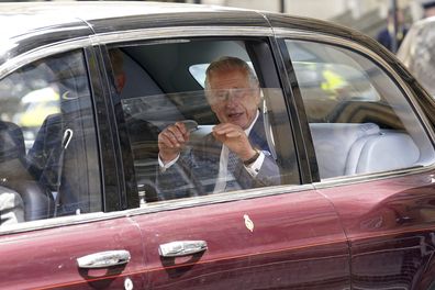 King Charles III leaves Westminster Abbey in central London, Wednesday, May 3, 2023 following a rehearsal for the coronation of King Charles III