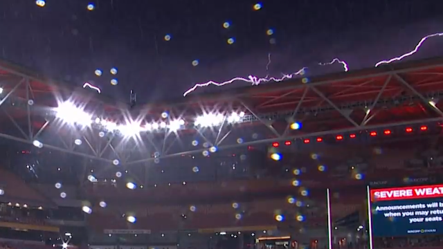Lightning strikes over Suncorp Stadium.