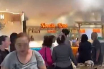 Smoke quickly filled the eastern side of the shopping centre after a wok caught alight at Noodle Time in the food court of Penrith Westfield just after 1pm today.