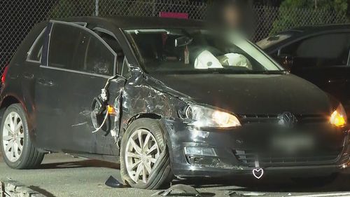A black Volkswagen hatchback that was involved in a car accident in Sydney's west. 