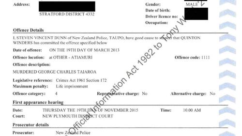 The charge sheet from when Quinton Winders was arrested for the murder of George Taiaroa.