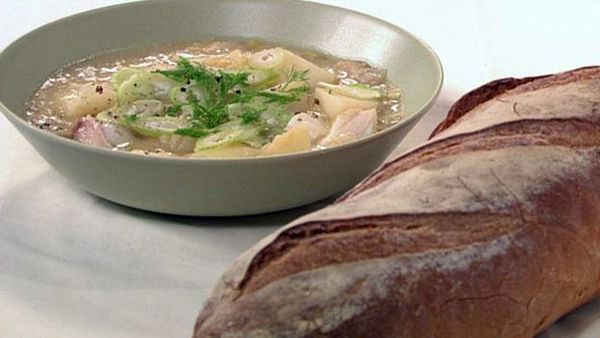 Warming fish, leek and potato stew
