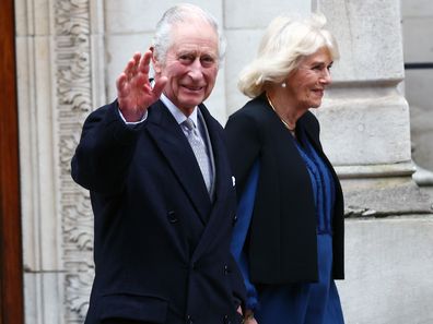 King Charles III and Queen Camilla leave The London Clinic on January 29, 2024 in London, England after the King was discharged following a corrective procedure for an enlarged prostate
