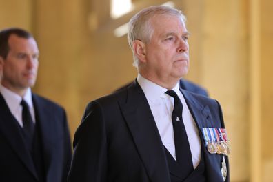 Peter Phillips and Prince Andrew, Duke of York at the funeral of Prince Philip, Duke of Edinburgh at Windsor Castle on 17 April 2021 in Windsor, England
