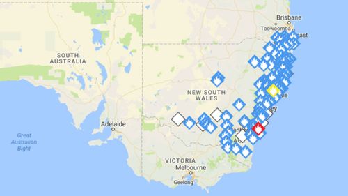 A NSW RFS map of the bushfires burning across NSW. 