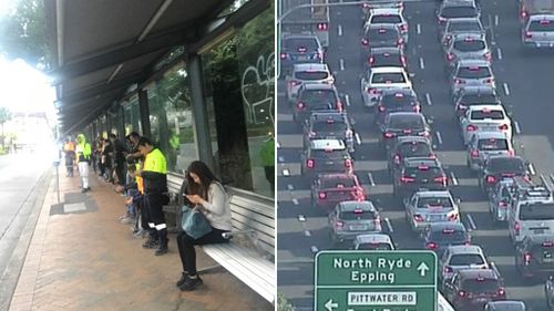 Traffic chaos has struck Sydney roads as some hopeful travellers wait at bus stops. (9NEWS)