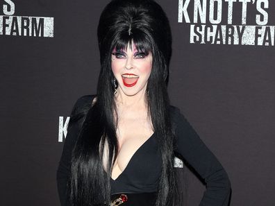Cassandra Peterson aka Elvira: Mistress of the Dark arrives at Knott's Scary Farm and Instagram's Celebrity Night held at Knott's Berry Farm on September 29, 2017 in Buena Park, California.
