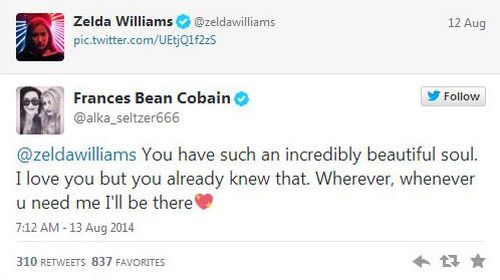 Cobain posted the tweet in response to Williams' touching tribute to her father. (Supplied)