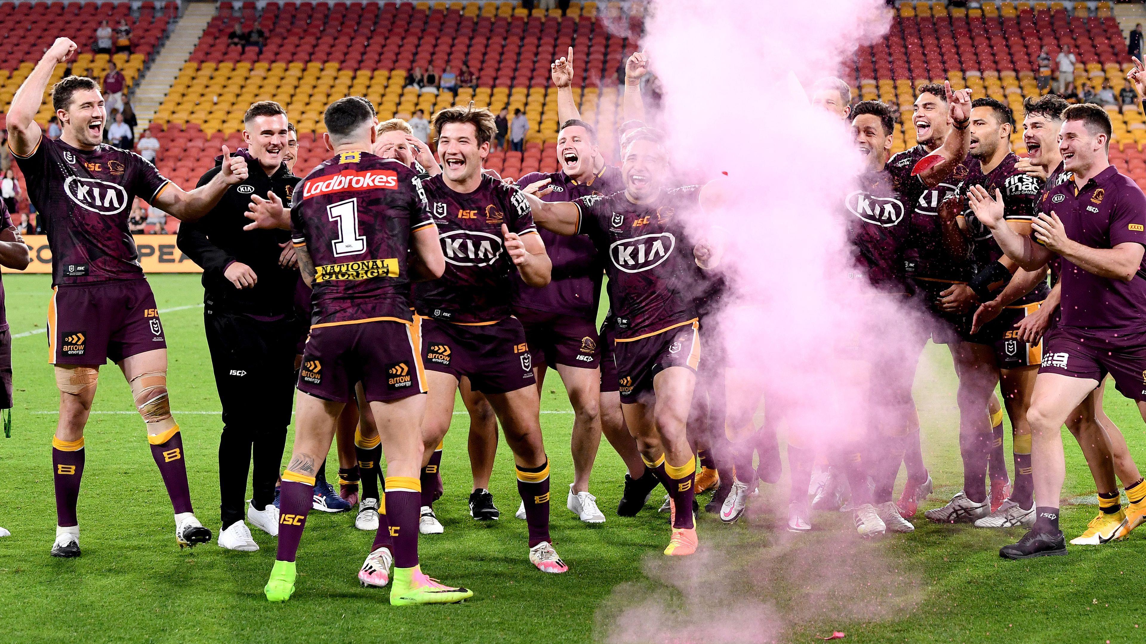 Darius Boyd celebrates after learning his unborn child is a girl in a Suncorp Stadium gender reveal.