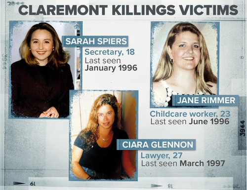 The Claremont killings victims: Sarah Spiers, Ciara Glennon and Jane Rimmer.