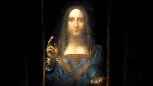The "Salvator Mundi" on display at a press preview at Christie's in New York in 2017.