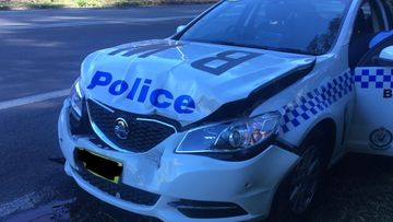 A police car was damaged when a stolen car allegedly reversed into it at high speed on the NSW Central Coast.