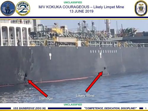 This June 13, 2019, image released by the U.S. military's Central Command, shows damage and a suspected mine on the Kokuka Courageous in the Gulf of Oman near the coast of Iran. 