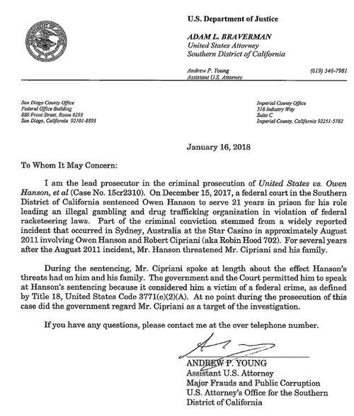 The Department of Justice letter confirming Robert J. Cipriani, aka Robin Hood 702, was never a target of the Owen Hanson FBI investigation. (Supplied)