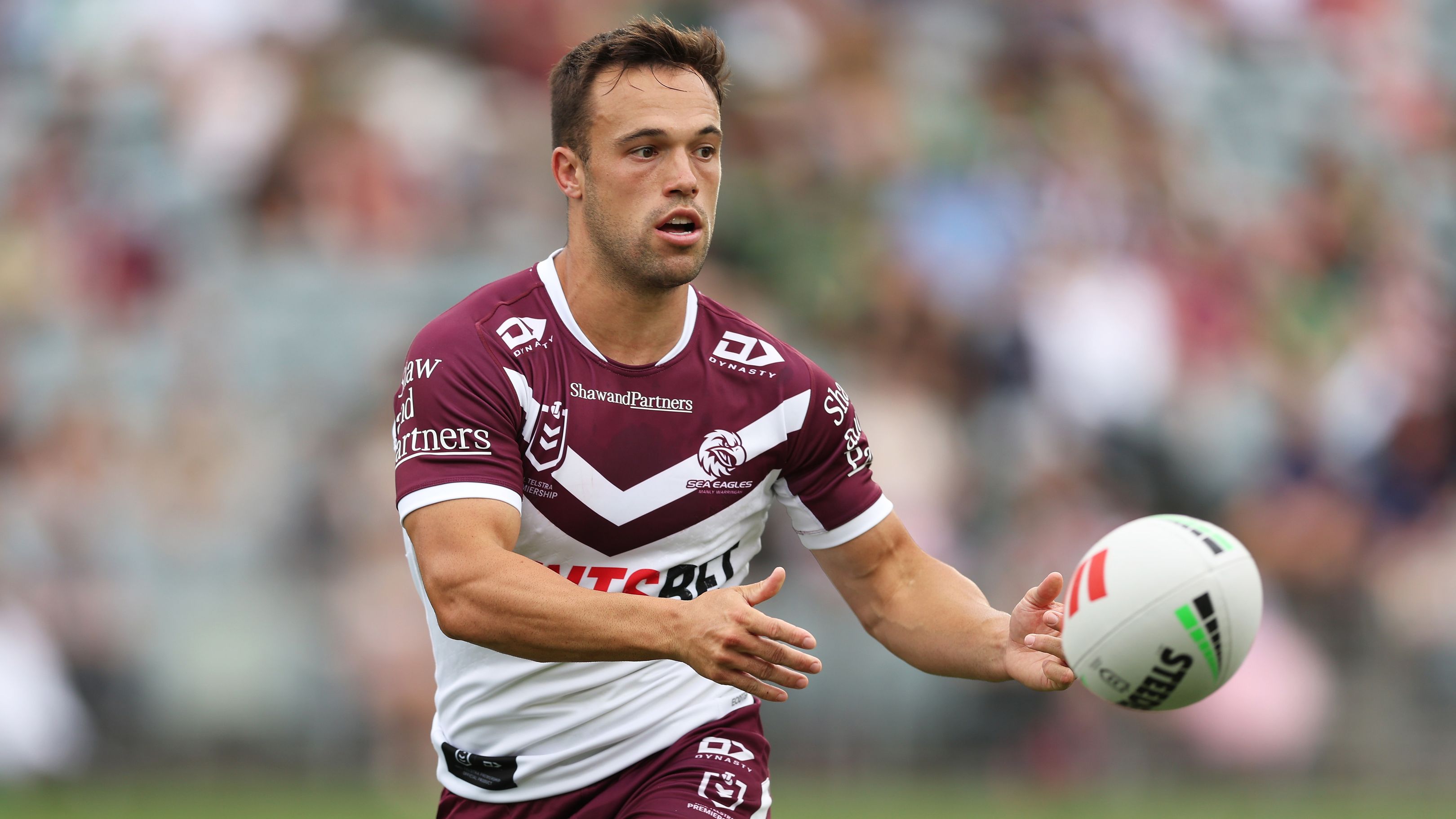 Luke Brooks of the Sea Eagles passes during a trial.