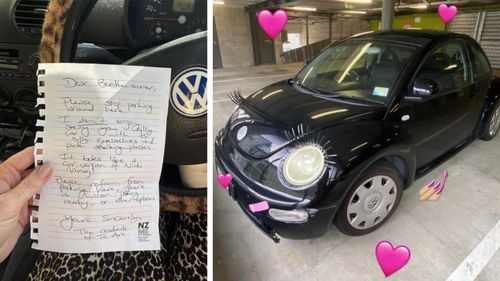The eyelashes-adorned car, and the note Georgia Prince received.