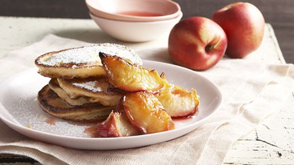 Buttermilk pancakes with glazed white nectarines