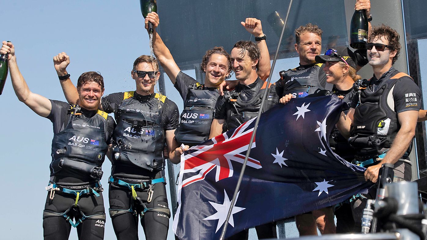 Day2 of racing, Australia SailGP Team helmed by Tom Slingsby with team mates Kyle Langford, Ed Powys, Nick Hutton and Rhys Mara celebrate winning the The Great Britain SailGP