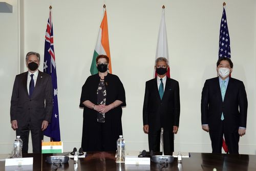 United States Secretary of State Antony Blinken, left, Australian Foreign Minister Marise Payne, second left, Indian Foreign Minister Subrahmanyam Jaishankar and Japanese Foreign Minister Yoshimasa Hayashi, right, pose for photo during a meeting of the Quad foreign ministers in Melbourne, Australia, Friday, Feb. 11, 2022.  