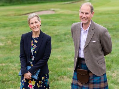 FORFAR, SCOTLAND - JUNE 28: Prince Edward, Earl of Wessex and Sophie, Countess of Wessex visit Forfar Golf Club to mark the 150th anniversary of the club on June 28, 2021 in Forfar, Scotland. (Photo by Pool/Samir Hussein/WireImage)