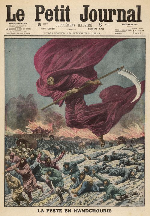 An illustration of The Plague scouring over the  Manchurians, with his scythe,  dressed in a deep red robe from 1911, published in Le Petit Journal