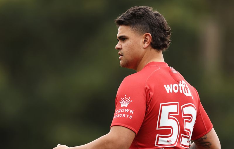 Latrell Mitchell looks on during a South Sydney Rabbitohs training session at Redfern Oval.