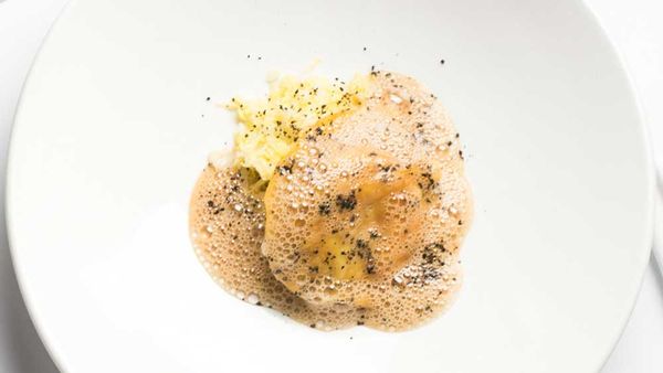 Ravioli of prawn, Chinese cabbage, foie gras butter. Image: Ben Varela for Bistro Moncur
