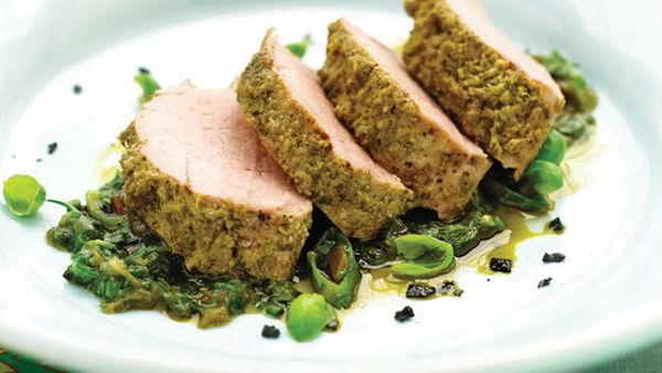 Pesto pork fillet with salsa verde